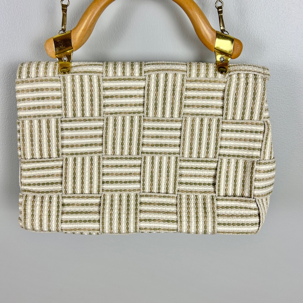 DEBENHAMS Woven‎ Summer Purse Neutral Cream Tan Wooden Handle Old Money Cruise - Picture 5 of 9
